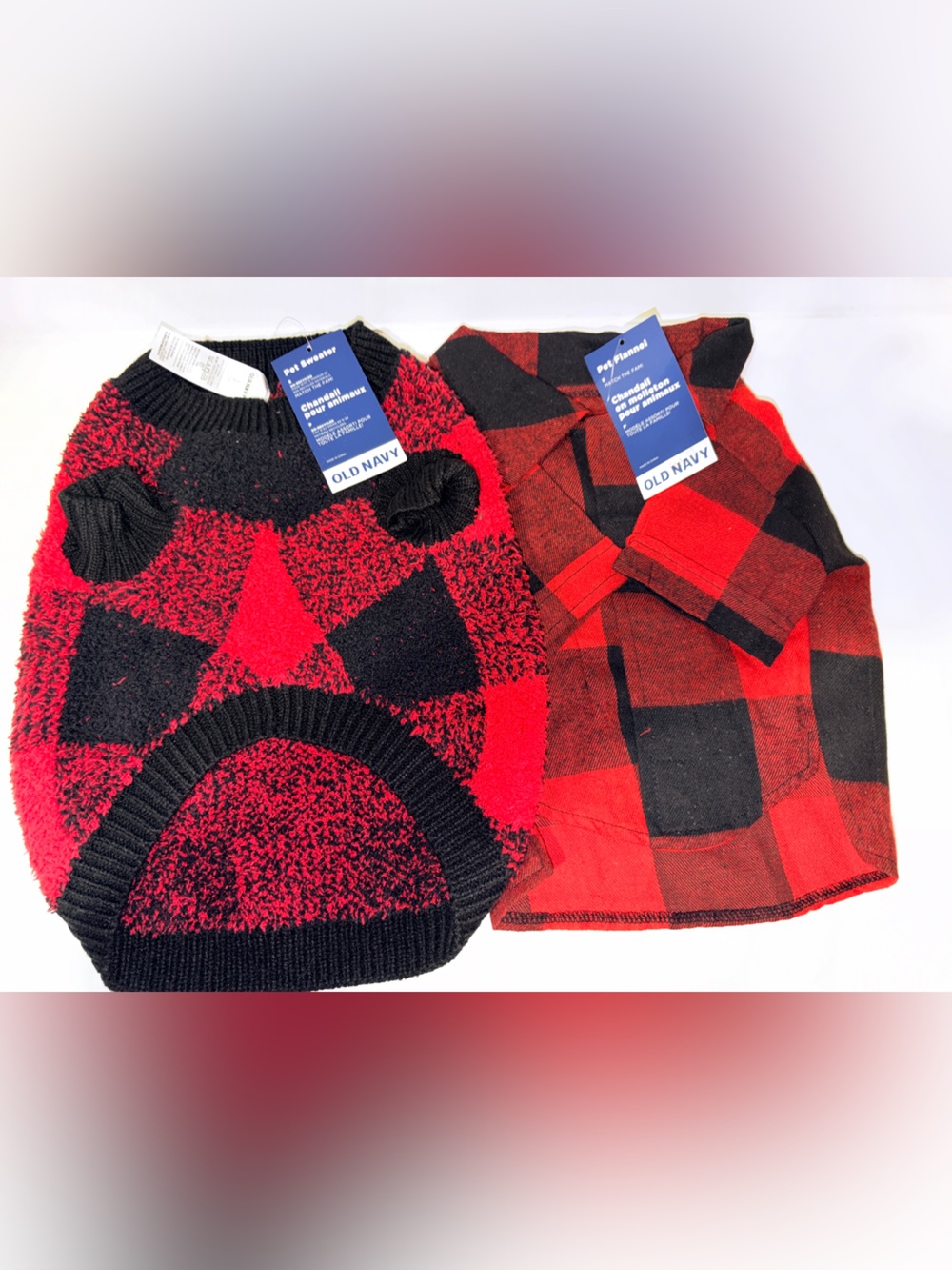 Old Navy Red Black Buffalo Plaid Pet Sweater and Flannel Set Small 2pk